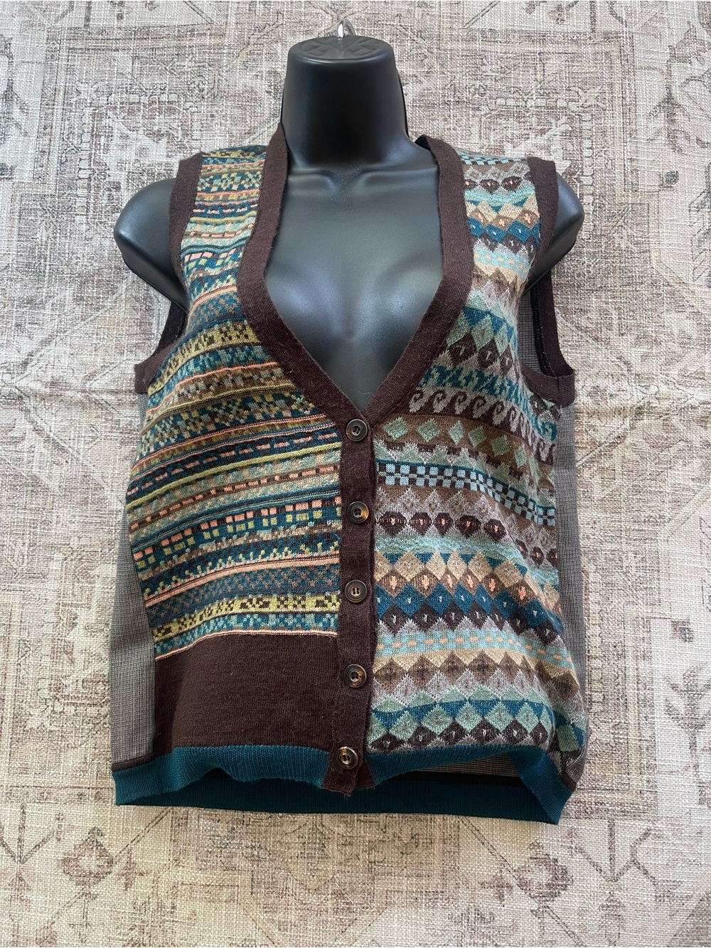 Kenzo Vintage Patterned Knit Button Vest in Earth Tones